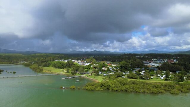 Aerial view of the Urunga town by the river in  NSW, Australia