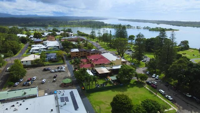 Aerial view of the Urunga town by the river in NSW, Australia