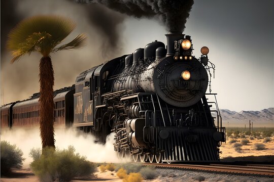 a black steam locomotive on railroad tracks in the desert deiselpunk heat haze hd lots of detail 