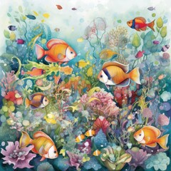 Obraz na płótnie Canvas A Delightful Watercolor School of Fish Generative Ai
