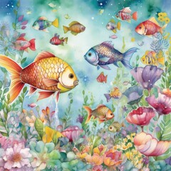 A Delightful Watercolor School of Fish Generative Ai