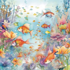 A Delightful Watercolor School of Fish Generative Ai