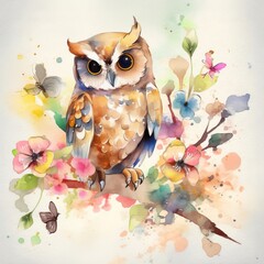 Watercolor Cute Little Owl Generative Ai