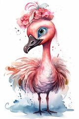 A Beautiful Cute Shy Flamingo Big Eyes Dressed As A Queen Watercolor Painting Generative Ai Digital Illustration Part#120423