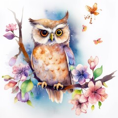 Watercolor Cute Little Owl Generative Ai