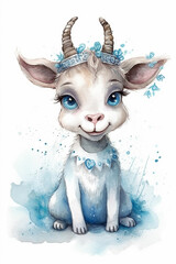 Obraz na płótnie Canvas A Beautiful Cute Shy Goat Big Eyes Dressed As A Queen Watercolor Painting Generative Ai Digital Illustration Part#120423