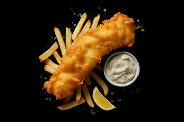 A fish and chips dish with a lemon wedge.