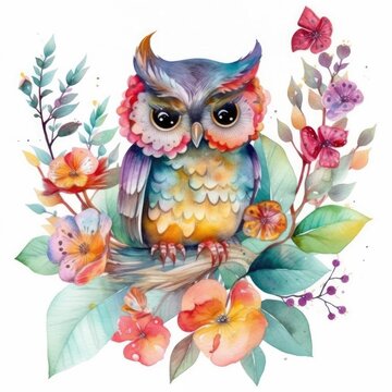 Watercolor Cute Little Owl Generative Ai