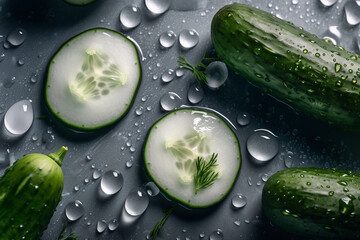 Cucumber and cucumber on a gray surface with water droplets