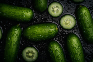 A pan of cucumbers with water droplets on it