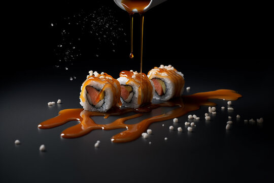 A sushi roll with a black background