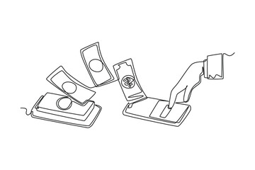 Single one line drawing transfer money between smartphones. Bank concept. Continuous line draw design graphic vector illustration.