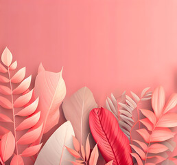 collection of tropical leaves foliage in pastel red color with pastel red background