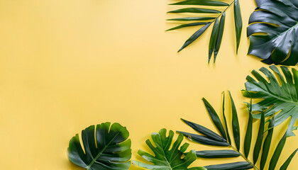 Fototapeta na wymiar collection of tropical leaves foliage in pastel yellow color, pastel yellow background