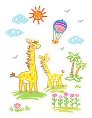 Children's drawing. African landscape. Two cute giraffes, palm trees, flowers, sun, balloon and clouds. In cartoon style. Isolated on white background. Vector flat illustration