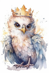 A Beautiful Cute Shy Bald Eagle Big Eyes Dressed As A Queen Watercolor Painting Generative Ai Digital Illustration Part#120423