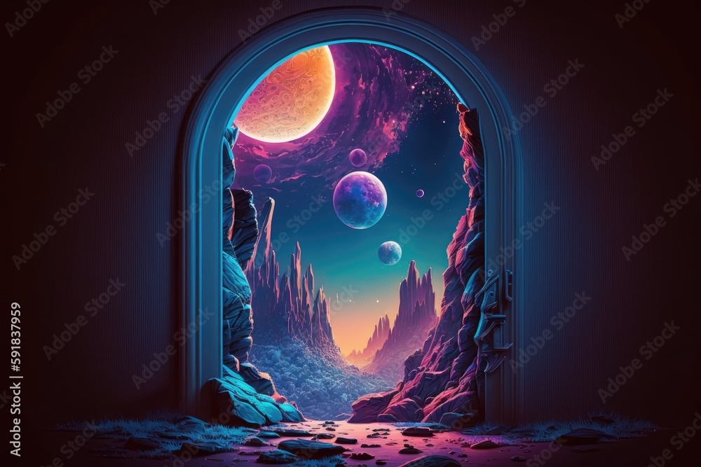 Wall mural n open doorway with a view of a galaxy in the night sky. generative ai