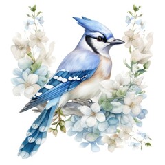A charming watercolor of a cute little blue jay Generative Ai