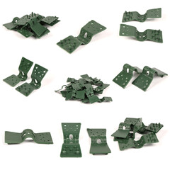 Nine tension clips, sun protection net on white background. High resolution photo.