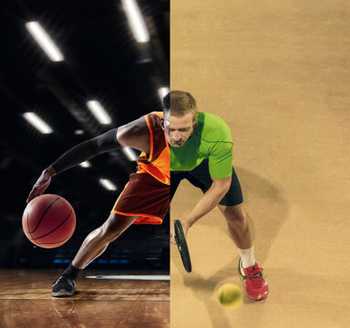 Composite image of bearded man doing different kinds of professional sport basketball, tennis over 3D model sport court background. Active lifestyle, sport, health, male hobby, activity, ad concept