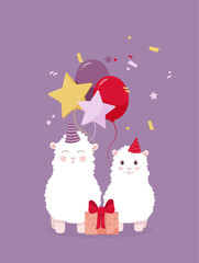 Happy Birthday card with two white cute Llamas. Cartoon alpaca character with balloons and gift. Illustration for greeting card, print.  Vector