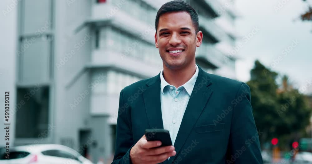 Poster phone, business man and face in the city with happiness and a smile from work. urban road, professio
