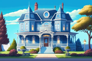 spacious blue house with numerous windows letting in natural light. Generative AI