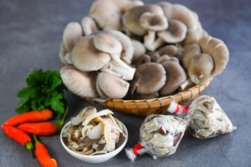 Fresh grey oyster mushroom on plate, cooked oyster mushroom for cooking food - processed food street mushroom package