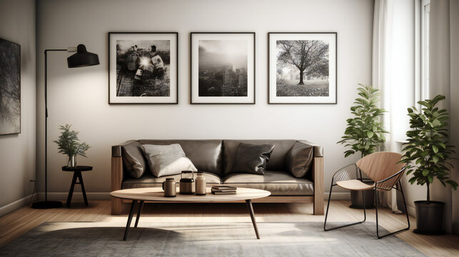 Minimalist Living Room Interior with Mockup Frame Poster, Modern interior design, 3D render, 3D illustration