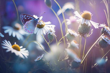beautiful wild flowers with a purple butterfly and blurred background. Generative AI