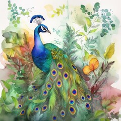 A stunning watercolor of a magnificent peacock Generative Ai