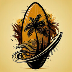 logo design of surfing board. illustration of palm trees. beach design. AI generative