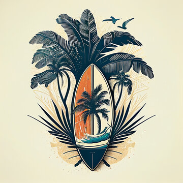 logo design of surfing board. illustration of palm trees. beach design. AI generative