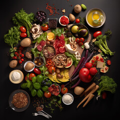 set di cibo salutare vegano visto dall' alto  su sfondo scuro creato con intelligenza artificiale, concetto di salute, mangiare cose sane. - obrazy, fototapety, plakaty