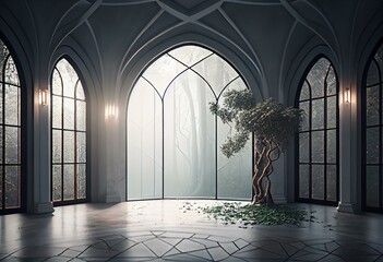 Foggy Forest Interior with Tile Flooring and Beautiful Curved Walls Made with Generative AI