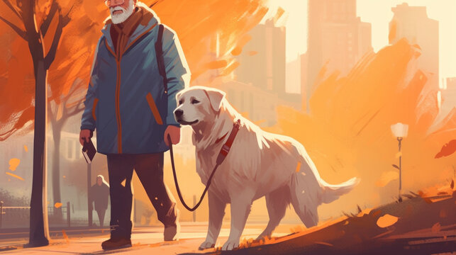 The bond between the elderly man and his dog is evident as they walk side by side. Generative AI