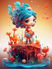 Cute ocean element sprite girl in an underwater world full of coral and fishes