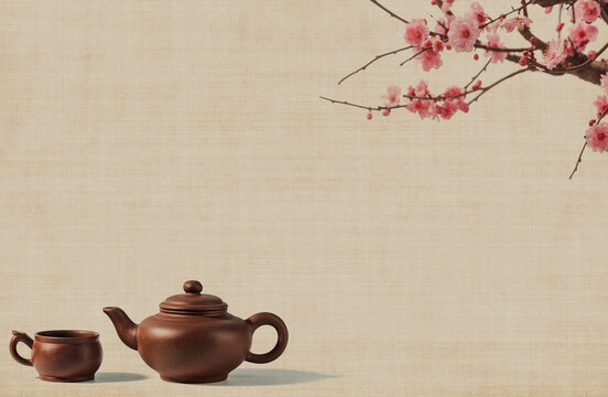 Teapot on peach blossom background