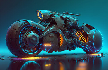 Spectacular digital art 3D illustration of a cyberpunk rider on a future bike or cruiser with a vivid and glowing neon light. Cyberpunk landscape with retrowave and synthwave at night, Generative AI