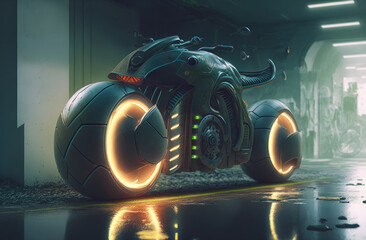 Spectacular digital art 3D illustration of a cyberpunk rider on a future bike or cruiser with a vivid and glowing neon light. Cyberpunk landscape with retrowave and synthwave at night, Generative AI