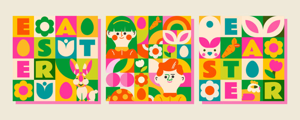 3 patterns in mosaic style for a happy Easter day.
Bright, spring design with people, rabbits, flowers, Easter eggs and many elements that create a festive mood and the arrival of a warm spring!
