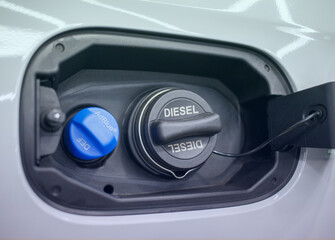 Tank filler neck for AdBlue and Diesel fuel close-up. Adblue diesel exhaust fluid fuel tank cap....