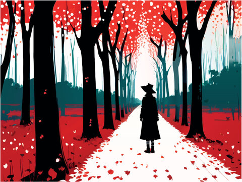 A lonely girl looking around in a quiet red forest way. Vector illustration