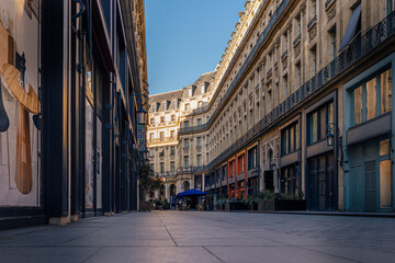 Haussmann style architecture of Rue Edouard VII in Paris 9th district 
