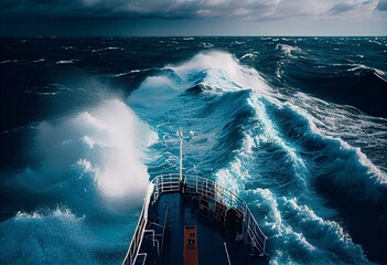 high sea waves on blue ocean from viewpoint of ship deck. Generative AI