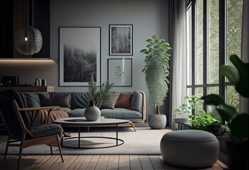 Modern living room interior in a minimalist design. Designed using Generative AI