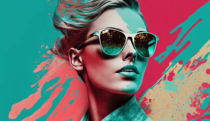 Image Generated AI. Modern portrait of a woman with sunglasses in pop art style