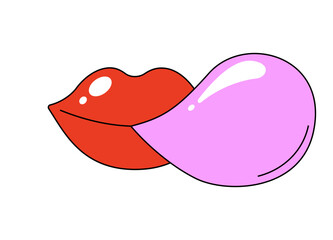 Retro groovy mouth blowing bubble gum. Cute hippy glossy red lips. Funky psychedelic cartoon female lip. Vintage nostalgic hippie sticker print. Trendy y2k pop art patch. Vector eps isolated