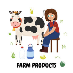 Obraz na płótnie Canvas Farm Products print with a cute girl milking a cow. Organic background with a farm characters in cartoon style. Vector illustration
