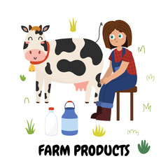 Farm Products print with a cute girl milking a cow. Organic background with a farm characters in cartoon style. Vector illustration
